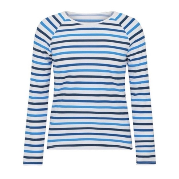 SPANX Ocean Stripe Coastal Blue Swim Shirt Rash Guard Medium - Picture 2 of 10